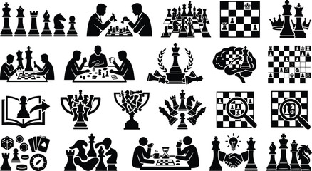 Chess Strategy Silhouette Collection with Tournament, Board Game and Intellectual Competition Icons © koushar