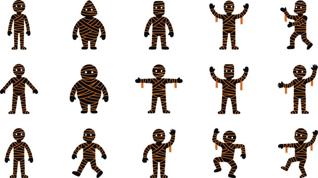 Set of cute cartoon mummy characters for halloween celebration isolated on a white background design element