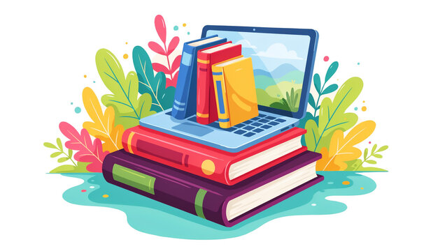 Colorful illustration showing laptop surrounded by books and green foliage on transparent background