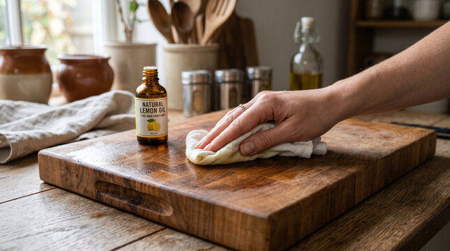 Hand cleaning wooden cutting board in rustic kitchen with oil  