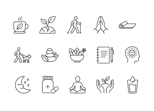 Healthy Lifestyle and Wellness Line Icons Set, Outline Vector Symbols for Yoga, Meditation, Nutrition and Self Care