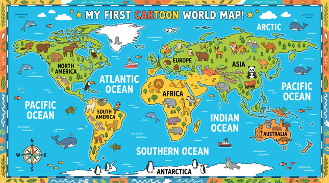 Cartoon world map with cute animals, educational kids poster, flat vector continent geography illustration