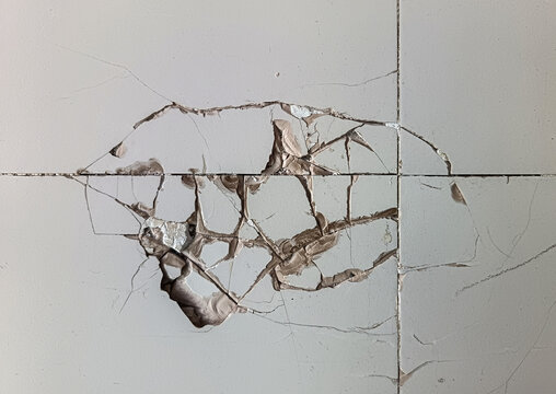Broken white ceramic floor tile with visible cracks and damage. Home renovation, construction fault, floor repair, and property damage concept.