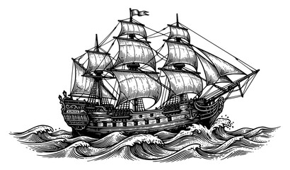 Vintage Sailing Vessel on Ocean Waves Black and White Vector Art © Mohoshin