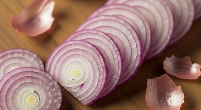 Fresh sliced ​​shallots are arranged on a chopping board.