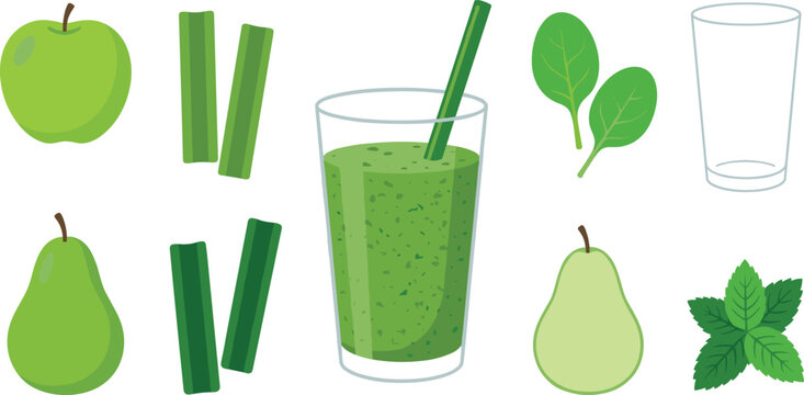 Green smoothie vector set featuring glass with straw apple pear celery sticks spinach leaves and mint icons isolated on white background