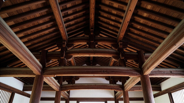 木造建築の力強い梁組を見上げる古民家の天井構造