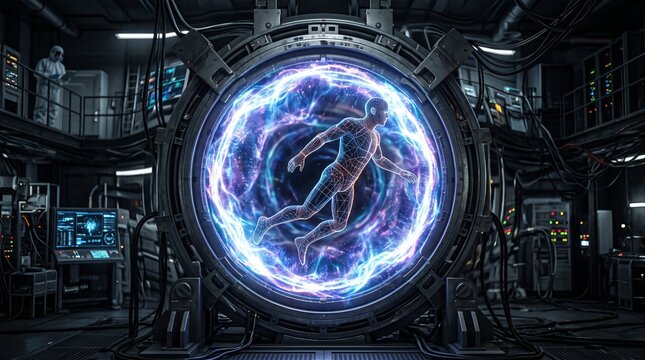 Futuristic particle accelerator lab with glowing energy rings. Advanced quantum physics research facility showcasing high-tech scientific innovation.