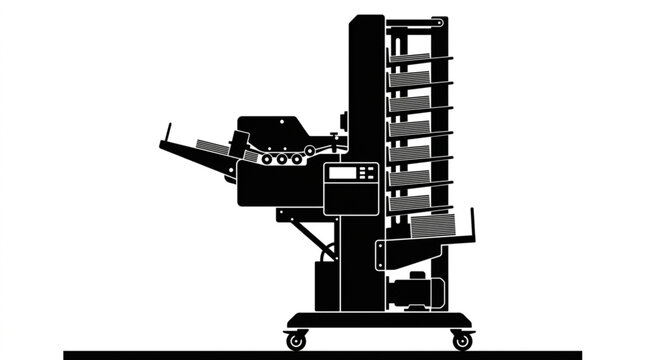 Automatic paper collating machine silhouette vector illustration, industrial print shop machinery icon isolated on white background