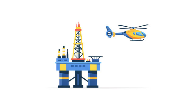 Illustration of offshore oil drilling platform with helicopter flying nearby on transparent background