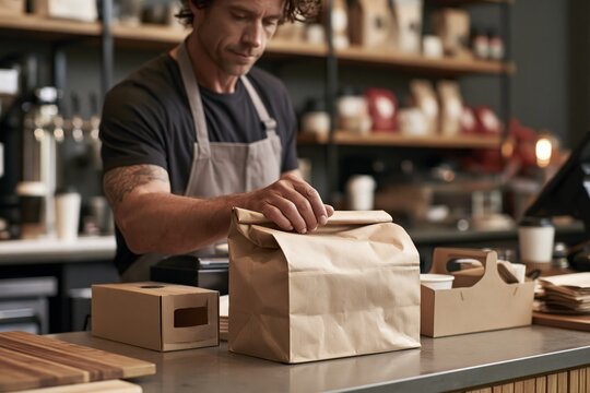 Cafe staff preparing mobile pickup order with paper bag behind counter