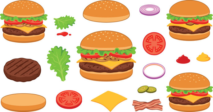 Cheeseburger vector construction set with burgers buns beef patty cheese lettuce tomato onion bacon pickles and sauce isolated on white background