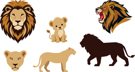 Lion vector set featuring male lion heads lioness cub safari wildlife characters and walking silhouette icons isolated on white background © MDSHAHINALAM