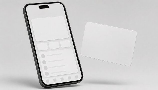 3d render of a modern smartphone with a blank screen and a floating empty credit card mockup for digital payment or banking app design presentation