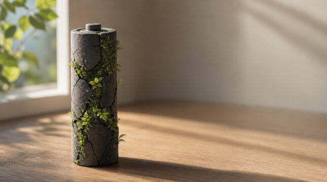 Surreal concept of a dark grey cracked clay ceramic battery on a wooden desk with a vibrant green forest ecosystem and micro moss thriving from its cracks.