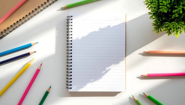 Open notebook with colorful pencils on white desk for study