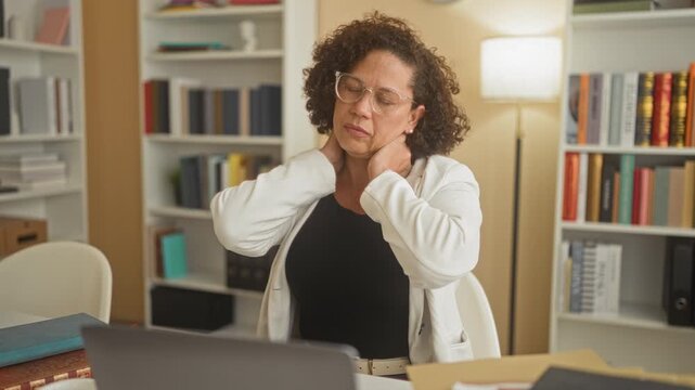 Woman sitting at desk massaging neck over laptop in home office with bookshelves and lamp; work strain fatigue.