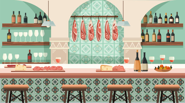 Spanish tapas bar interior traditional ham cheese wine bottles hanging cured meats tiled walls wooden shelves counter stools