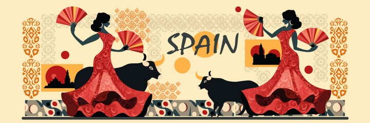Obraz na płótnie Canvas Flamenco dancers Spanish bull silhouettes traditional patterns cultural architecture festive scene decorative background banner
