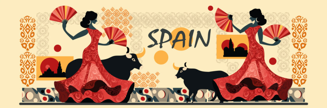 Flamenco dancers Spanish bull silhouettes traditional patterns cultural architecture festive scene decorative background banner