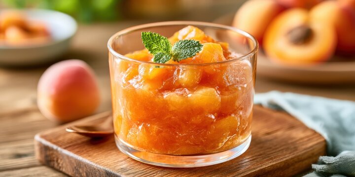 Fresh peach compote glows in clear glass