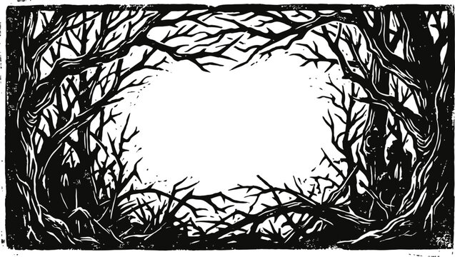 A spooky forest frame illustration featuring dark twisted branches and trees with a central space for custom happy halloween lettering calligraphy designs