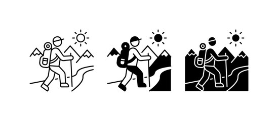 Obraz premium Hiking Icon Set, Mountain Trekking Vector Graphics, Outdoor Adventure Illustrations