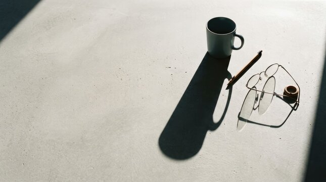 A dark gray mug sits on a concrete surface, casting a sharp shadow. A pair of wire-rimmed glasses rests beside the mug, also in shadow.