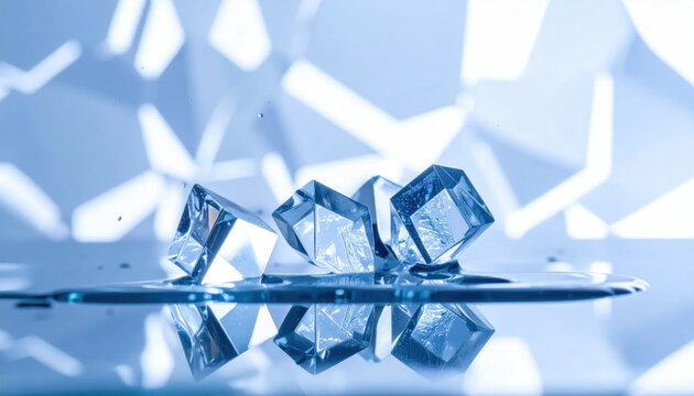 Close-up of melting ice cubes with water droplets on a reflective surface, capturing the essence of cool refreshment.