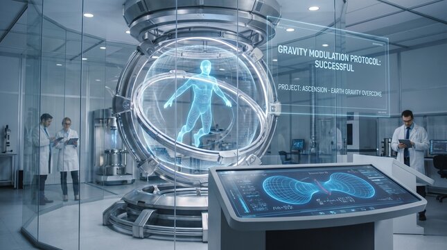 Futuristic scientist testing anti-gravity technology in high-tech lab. Researcher analyzing holographic interface with advanced digital simulation.