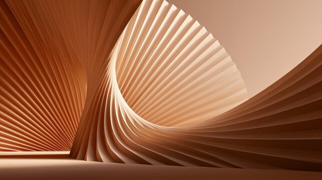 Abstract spiral of pleated copper brown forms in warm sunlight