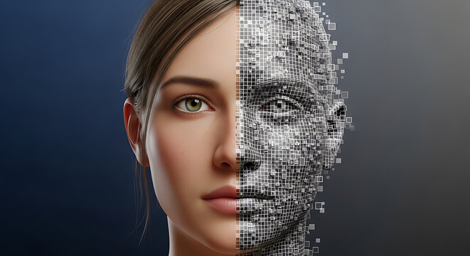 Woman&rsquo;s face split between realistic skin and digital circuit pattern.
