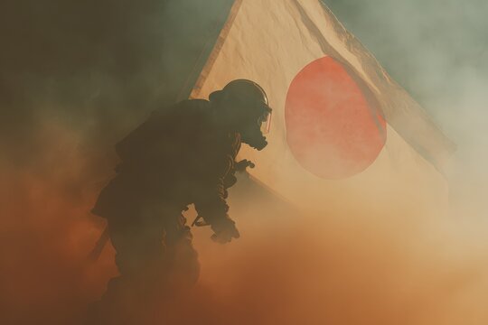 Firefighter battles flames while carrying Japan flag in smoke-filled scene during rescue operation