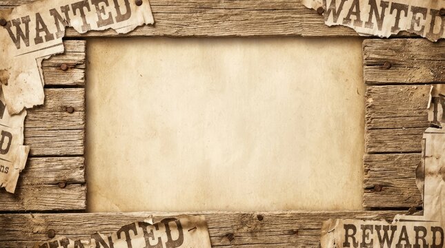 A rustic wooden border frames a blank, aged parchment background. Two weathered "WANTED" posters are positioned on either side of the frame, resembling classic frontier wanted notices.