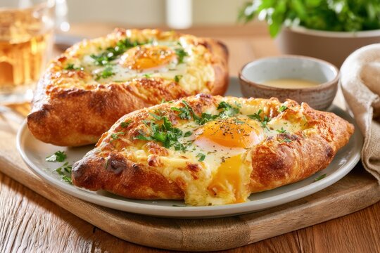 Golden, puffy bread holds a creamy, runny egg center