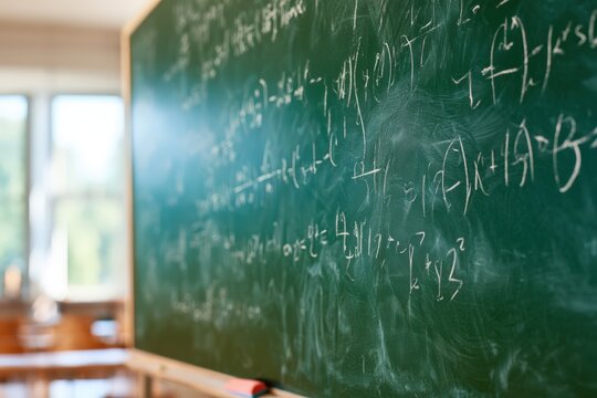 Green chalkboard filled with complex mathematical equations