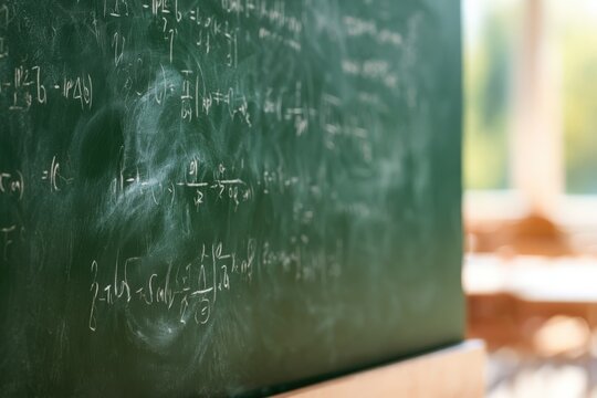Faded chalk equations cover a green chalkboard