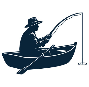 Man in a boat fishing with a rod and oar  silhouette on white