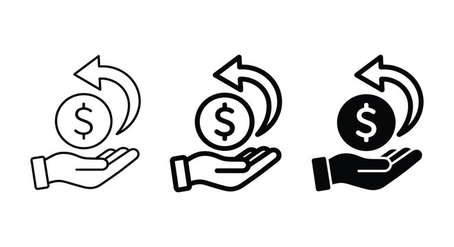 Money return icon set black line art on a white background depicting financial transactions