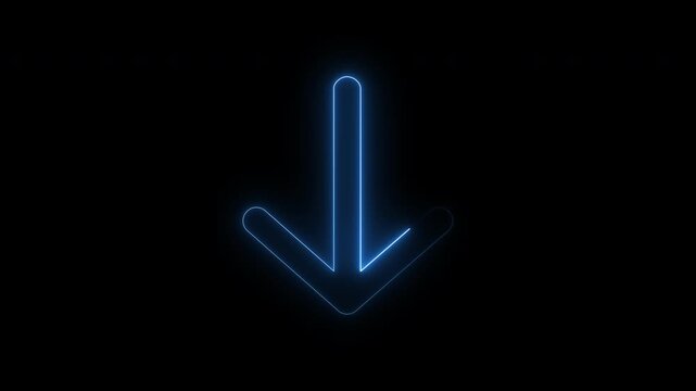 Neon blue arrow pointing down on black background in motion for digital content display.