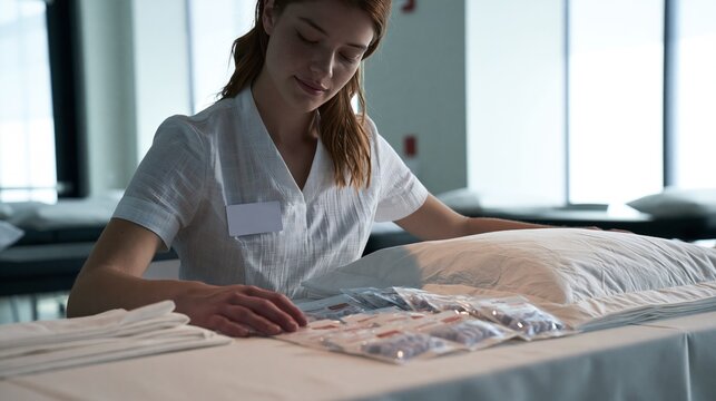 Community Class Coordinator Arranging Pillowcase Samples with Earplug Packets in Wellness Classroom