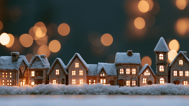 Cute ceramic Christmas village houses with glowing windows placed along the bottom edge, snowy bokeh background, cozy holiday mood, spacious copy space