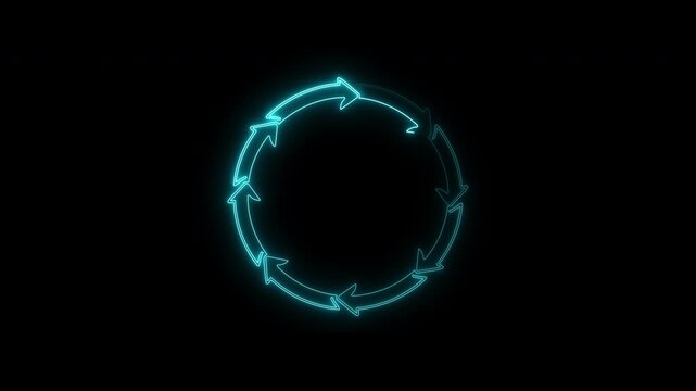 Neon blue circular arrow animation rotating on black background with glowing motion effect.
