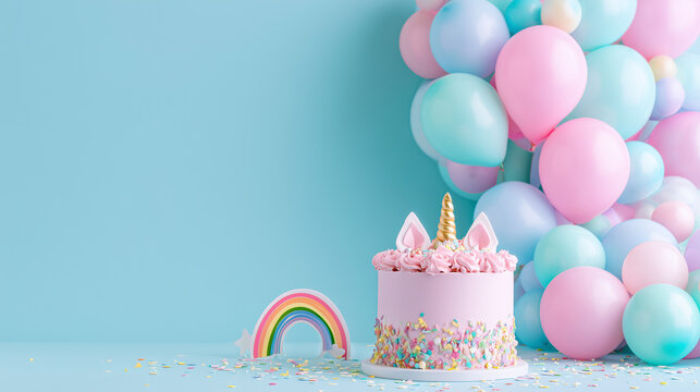 Magical unicorn birthday decorations with pastel balloons, rainbow and birthday cake arranged in one corner, dreamy copy space background