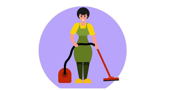 Animated flat vector of a woman operating a vacuum cleaner. Great for housekeeping, domestic cleaning services, hygiene, and everyday chores.