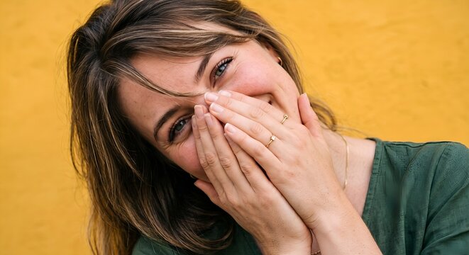Young woman smiling and covering face with hands in colorful setting  