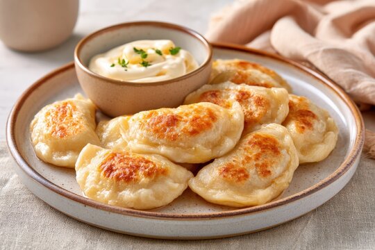 Golden dumplings sit invitingly on a ceramic plate
