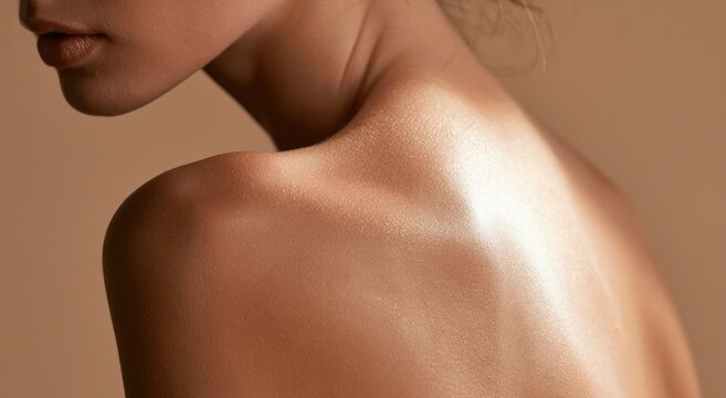Elegant close-up of a woman's smooth, glowing shoulder and collarbone