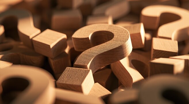 Wooden question marks piled high, creating a textured backdrop of inquiry