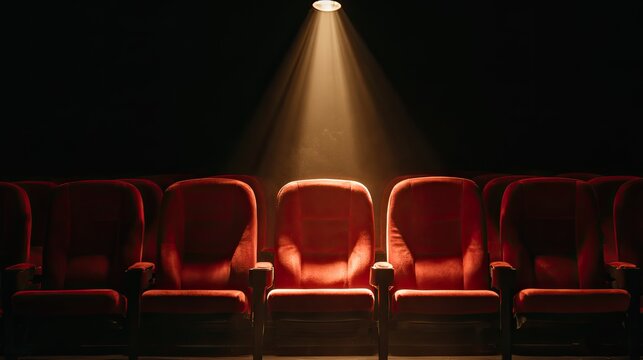 Spotlight illuminates empty red theater seats in a dark auditorium